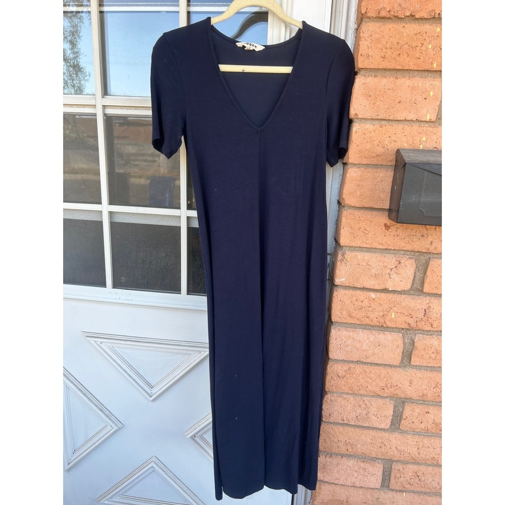Boden Navy Blue Ribbed V-Neck Midi Dress Short Sleeve Side Slit US 4P Minimalist